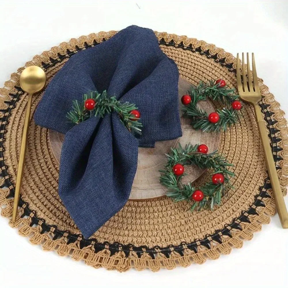 

6/12pcs Festive Products Home Hotel Table Decoration Christmas Red Fruit PVC Pine Needle Napkin Ring Holder Table Decoration