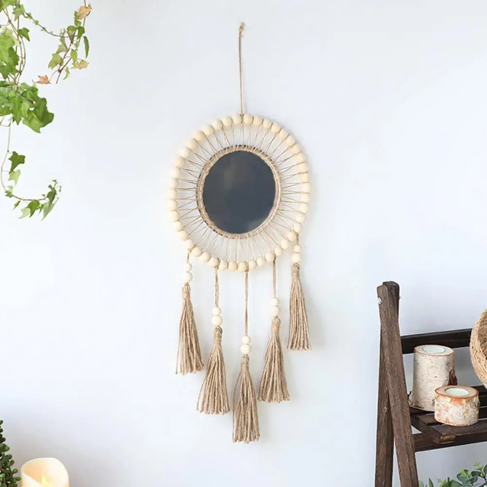 High Cotton Thread Mirror Exquisite Hand-woven Tassel Mirror Decorative Wall Hanging with Wooden Beads Cutout Design Room Porch