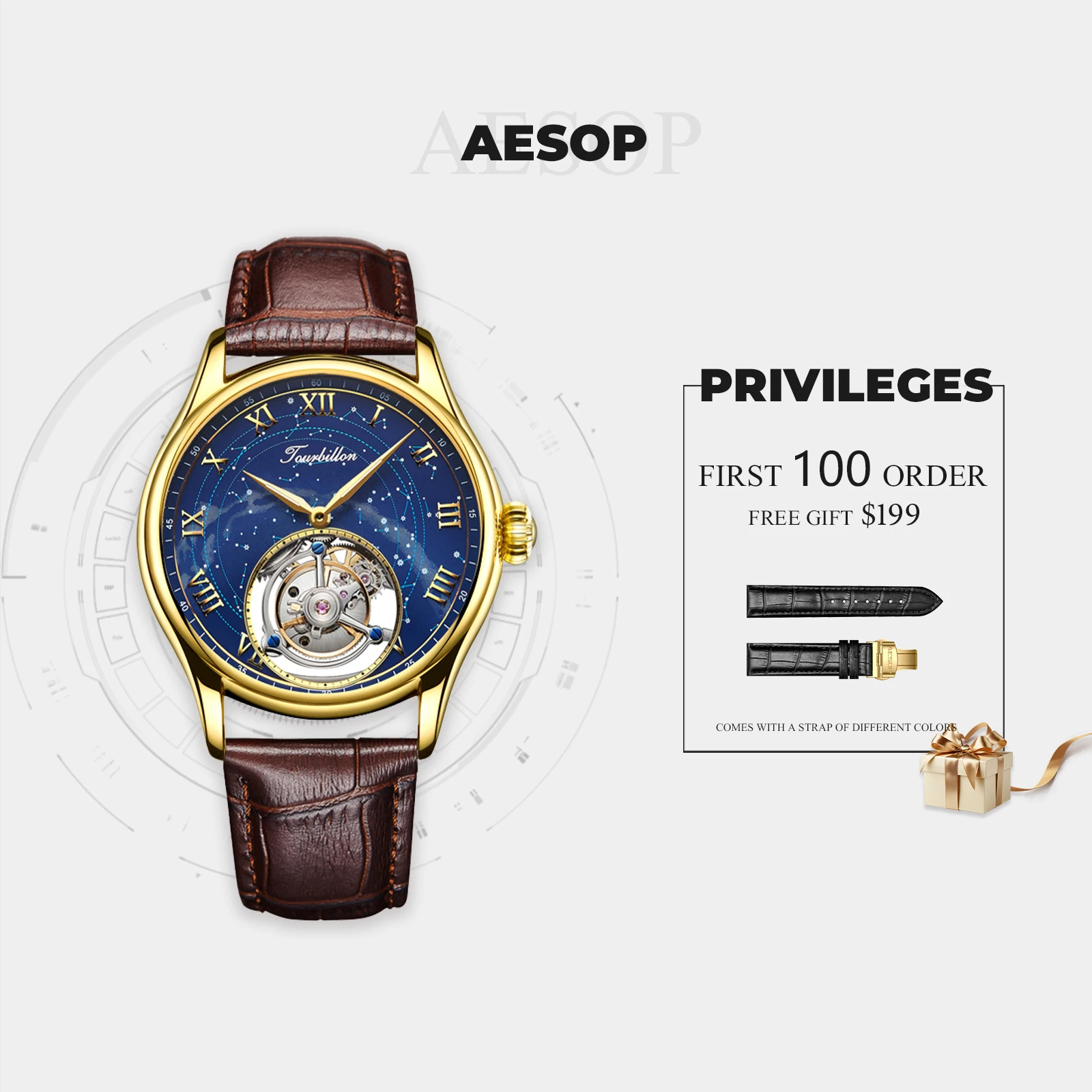 AESOP Authentic Men's Tourbillon Mechanical Watch Starry Sky Dial Fashion Waterproof Leisure Business Trend Watch