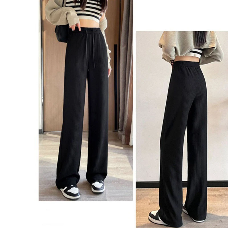 2024 Spring Summer Ice Silk Wide Leg Pants for Women Korean Thin Chiffon High Waist Saggy Loose Straight Casual Fashion Trousers