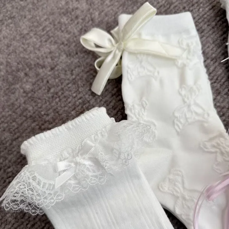5 pairs of cute high-value spring autumn socks versatile lace bow sweet simple comfortable  casual mid length socks