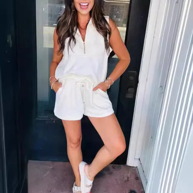 

Spring Summer New Fashion Solid Lapel Tank And Shorts Two-piece Set For Women Simple Versatile White Zipper Vest + Shorts Sets