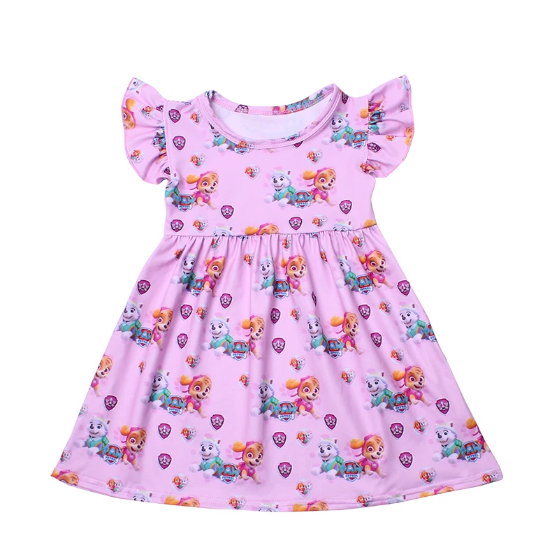 Robe d'été à motif de patte de dessin animé pour filles, vêtements pour enfants, soie lai70., manches flottantes, rose, bleu, vente en gros