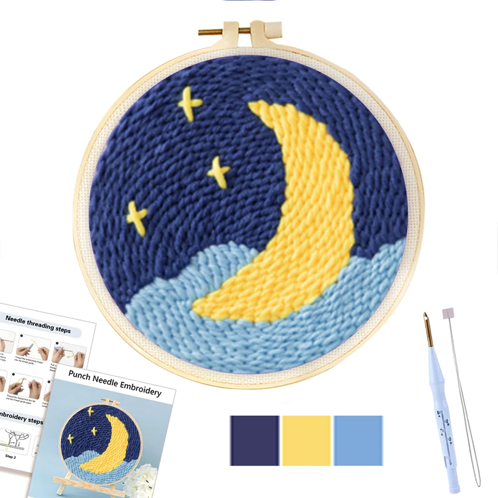 

RUOPOTY Moon And Stars Diy Punch Needle Embroidery Starter Kit Handicrafts Poking Yarn Painting Arts Punch Needlework Cross Stit