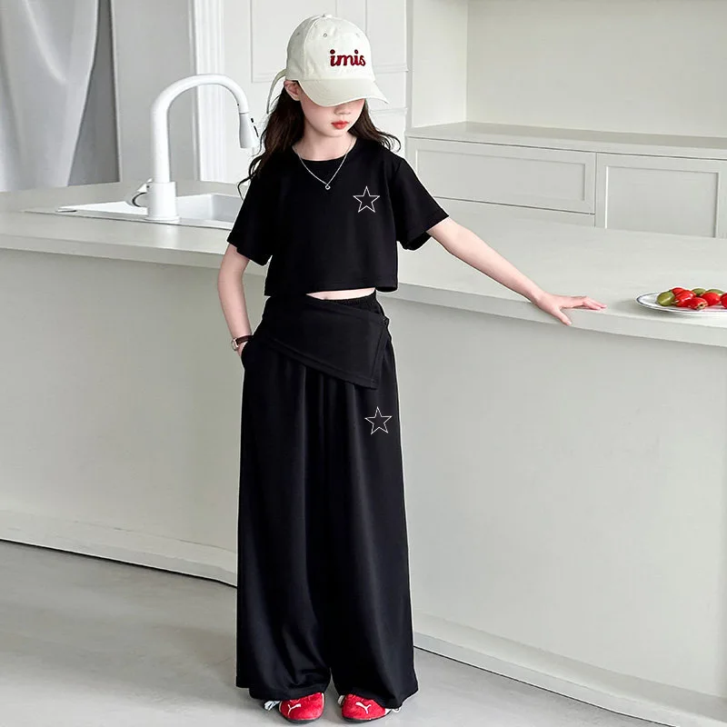 2026 Summer Girls Cotton Crop Leisure Star T-Shirt Top+Loose Sweatpant Workout Set School Kids 2PCS Tracksuit Children Outfit