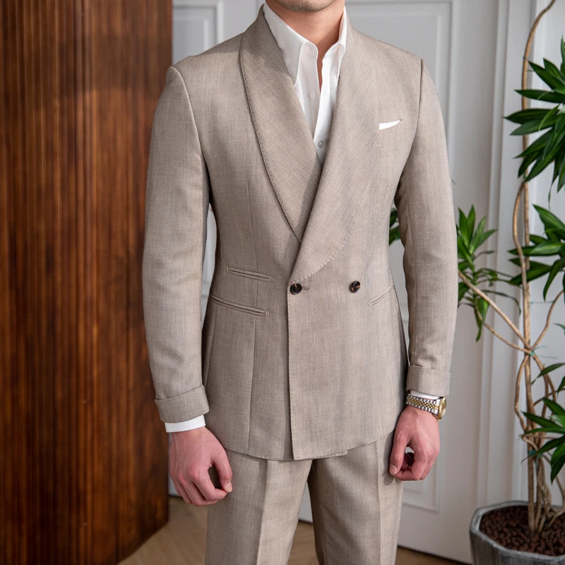 

Mr. Deer Three Italian Style Linen Green Collar Double Button British Style Fashionable Men's Suit Set for Parties
