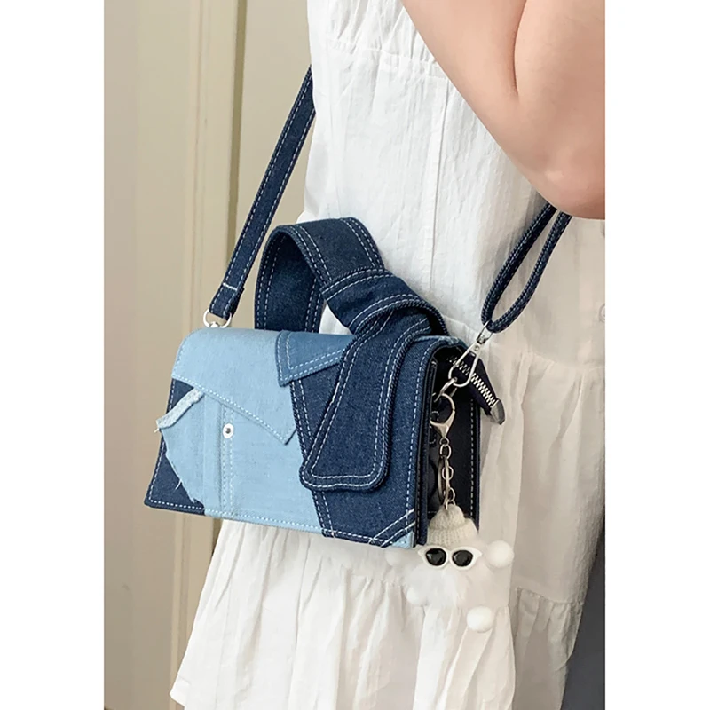 Fashion Contrast Color Denim Patchwork Crossbody Bag Women\'s 2024 Design Sense Portable Small Square Bag Popular Shoulder Bag