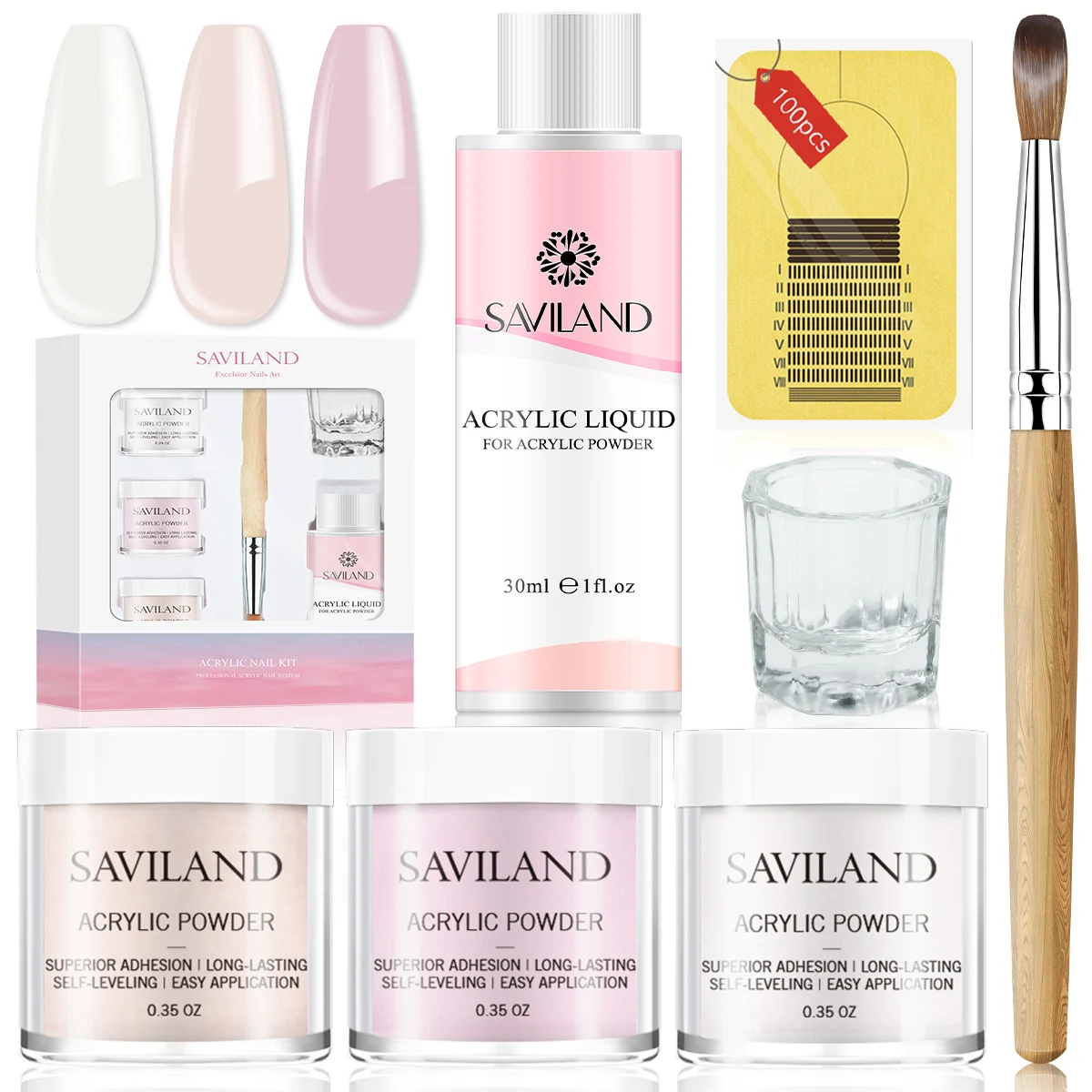 مجموعة أدوات أظافر أكريليك من Saviland مكونة من 3 ألوان وردية عارية شفافة مع أشكال فرشاة مجموعة أطباق دابن لملحقات الأظافر والتقليم