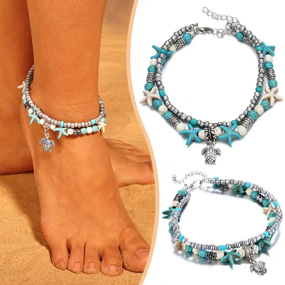 Anklet Ankle Bracelet Foot Chain with Sea Turtle Starfish Accessories Two-Layer Foot Jewelry for Women and Girls