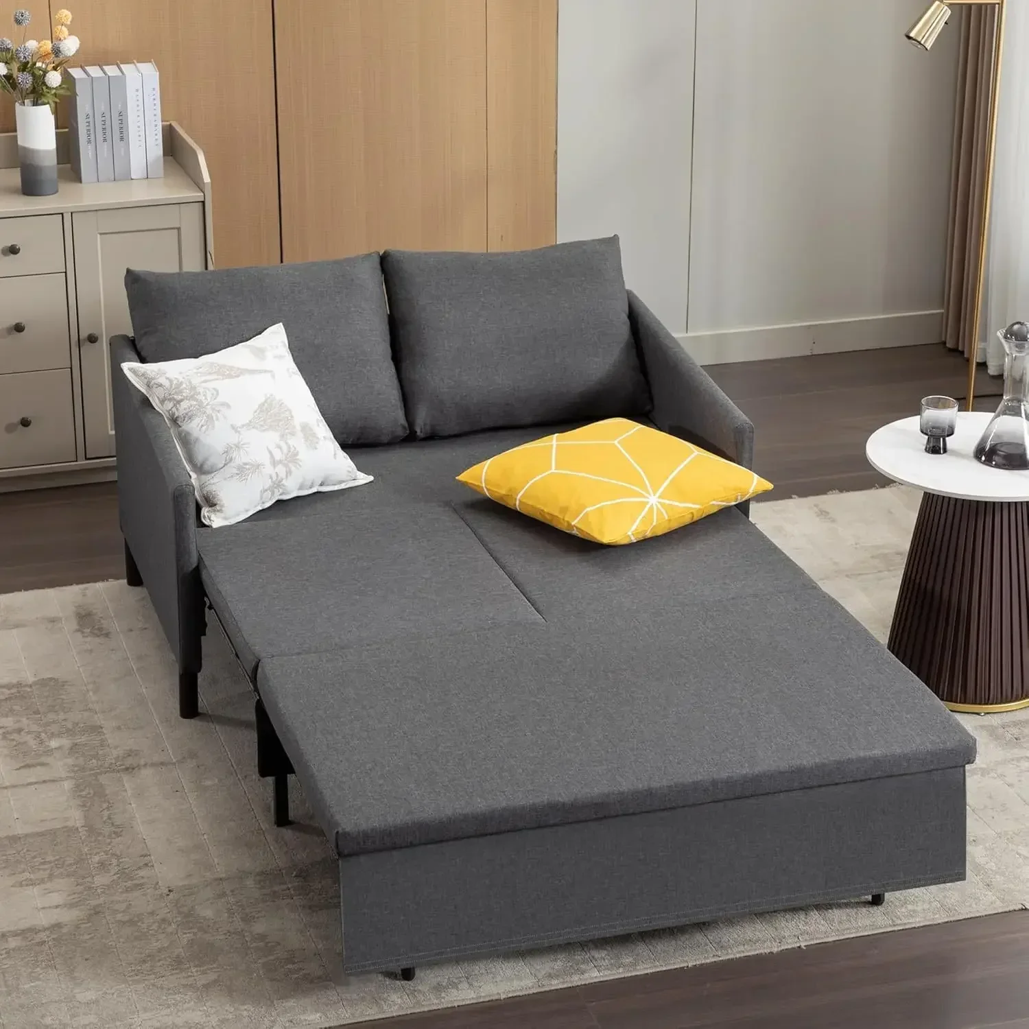 3-in-1 Convertible Sleeper Loveseat Sofa Couch with Pullout Bed and Storage for Living Room, Bedroom, Balcony, RV, Dark Gray