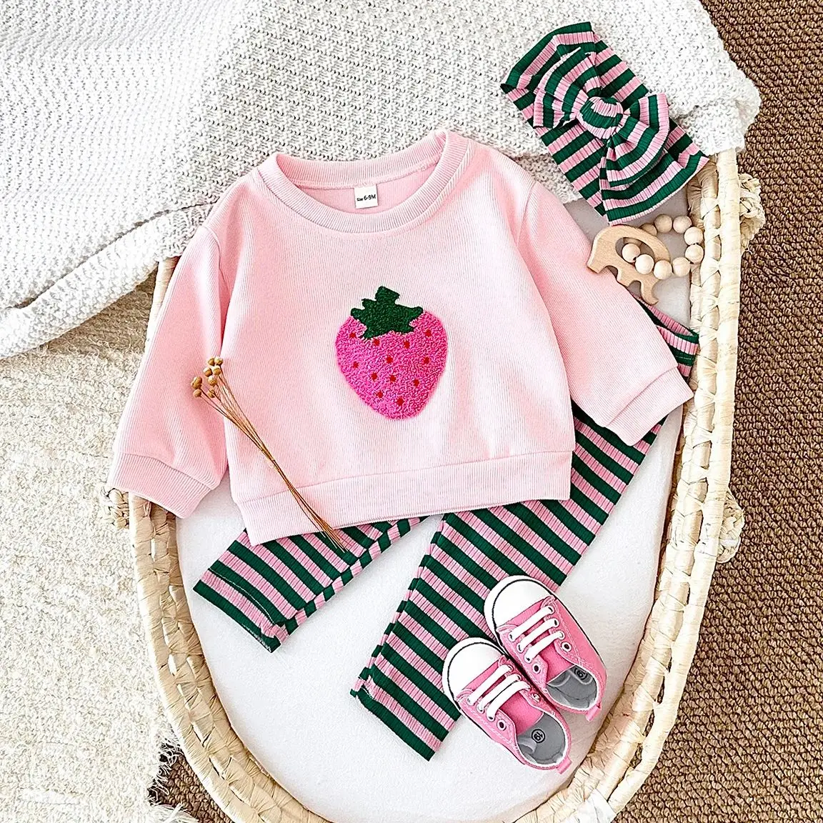 0-3Y Autumn Clothes Baby Girls Sets Strawberry Pullover Top Cotton Knitt Pants Striped Headscarf  Warm Leggings Infant Suit