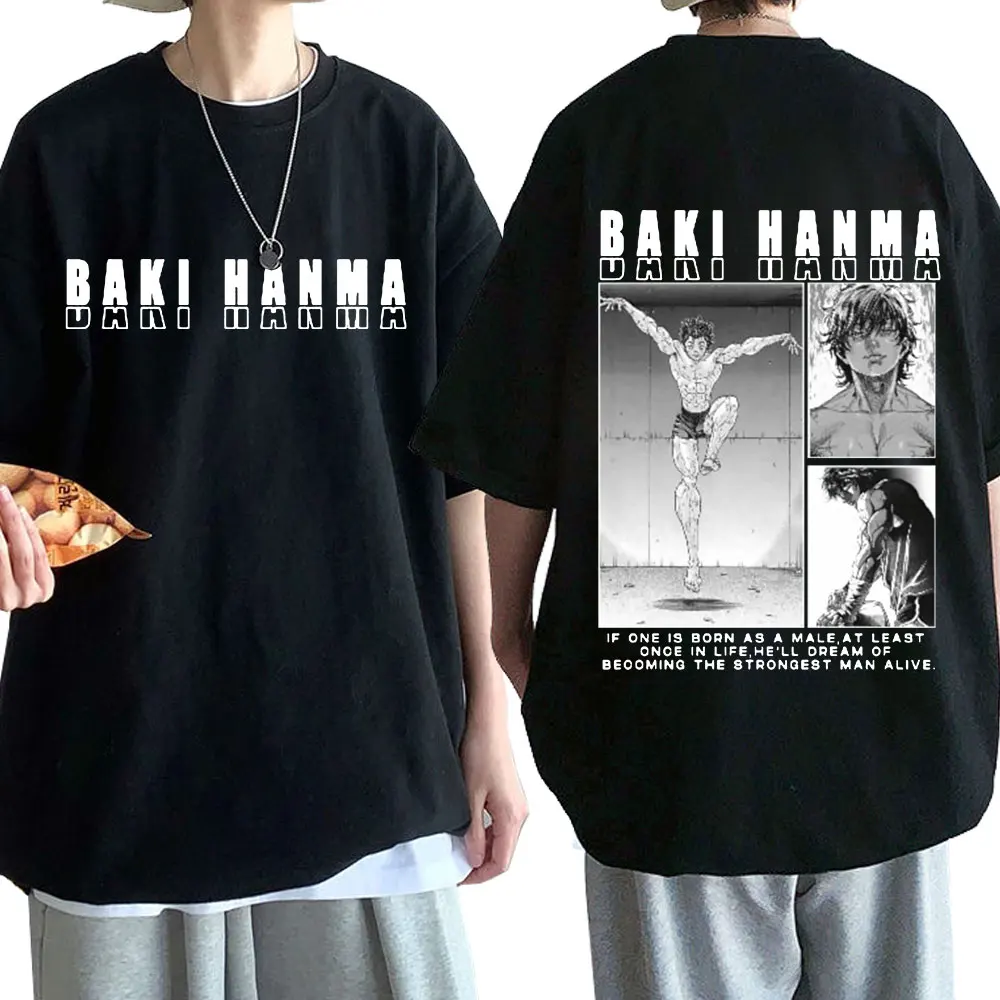 Baki The Grappler Short Sleeve T-shirts Anime Cool Hanma Yujiro Double Sided Print T-Shirt Men Women Cotton Casual Tee Shirt