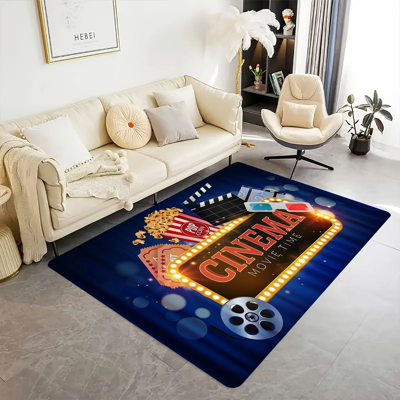 Retro Cinema 'MOVIE TIME' Theme Flannel-printed floor mats are slip-resistant Suitable for living room bedroom terrace carpets