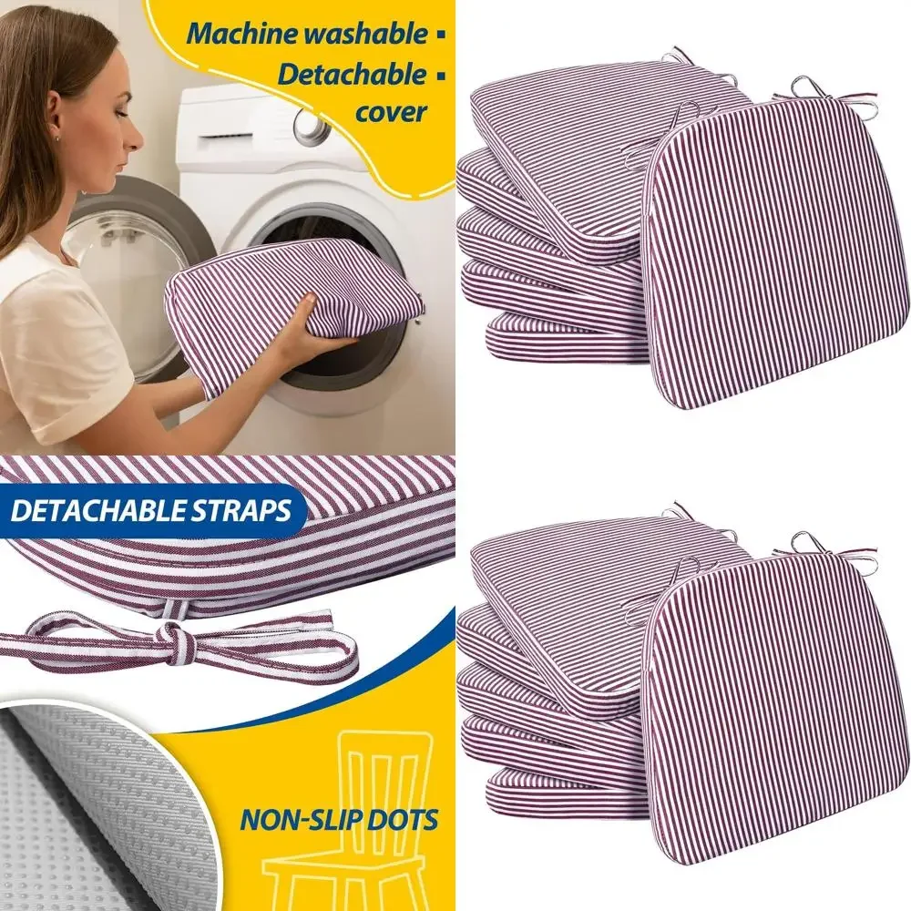 

Набор из 6 подушек для обеденных стульев, 17x16 дюймов, толстые, с завязками, со съемным моющимся чехлом, в полоску, красные.