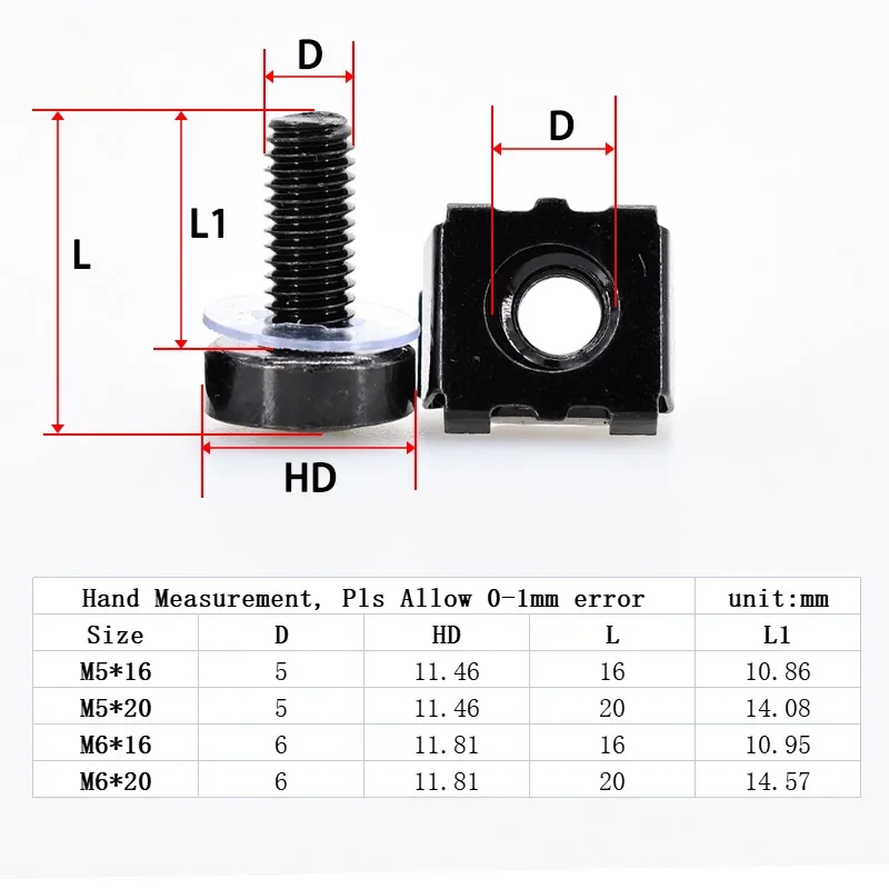 20Set M6x16mm M6x20mm Black Carbon Steel Screw Cage Nut Set For Rack Mount Server Cabinet Shelves Phillips Bolt Lock Nuts Kit