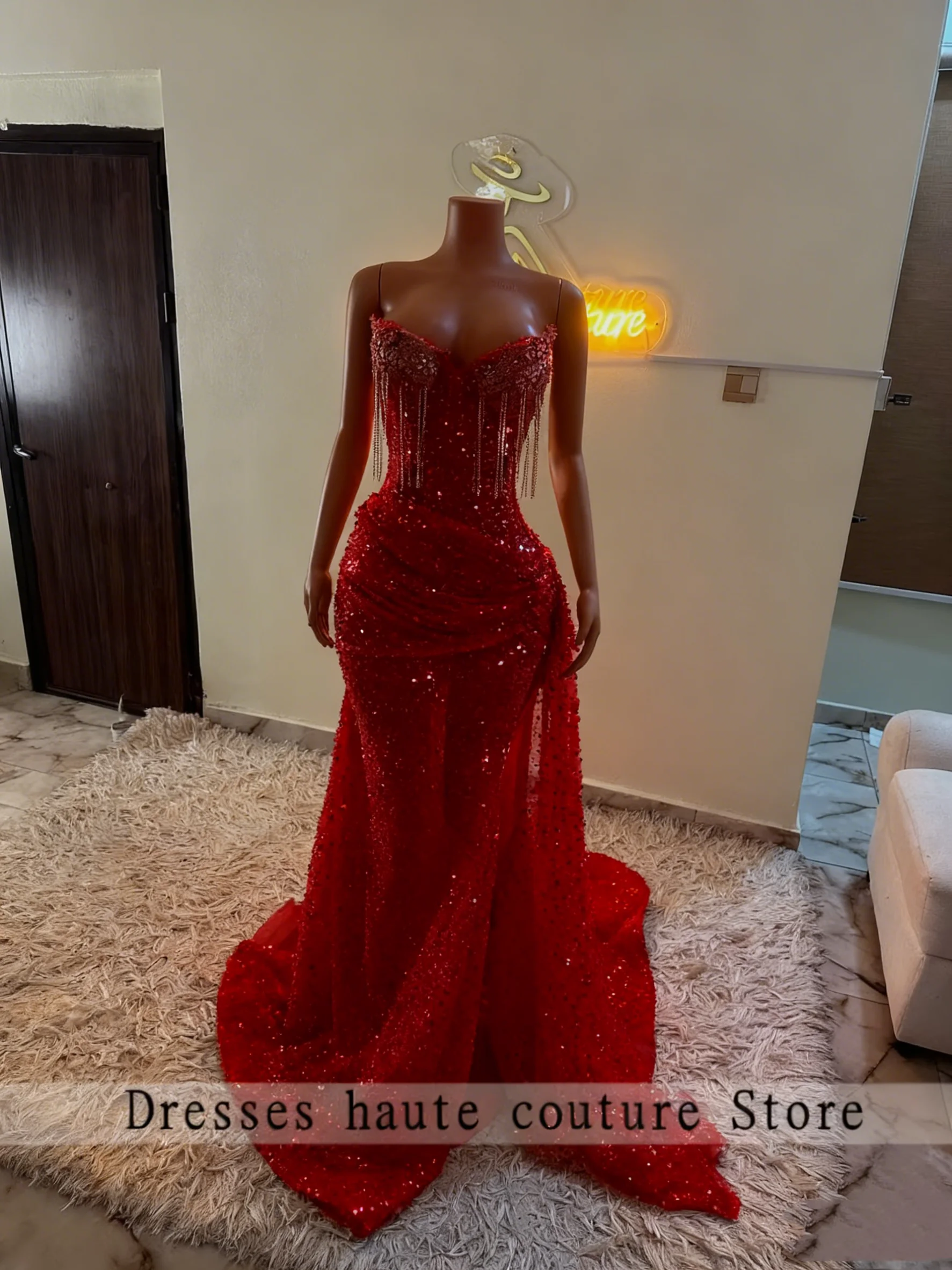 

New Shiny Red Sequins Mermaid Prom Dress For African Black Girls 2026 Tassel Formal Party Gowns Evening Dresses Customized
