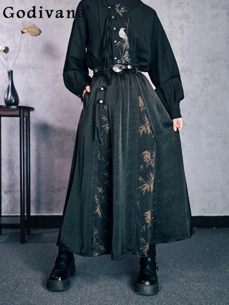 

Temperament Chinese Bamboo Pattern Print Women High Waist Skirt Spring Autumn Versatile Age Reduction Fashion Tassel Long Skirts