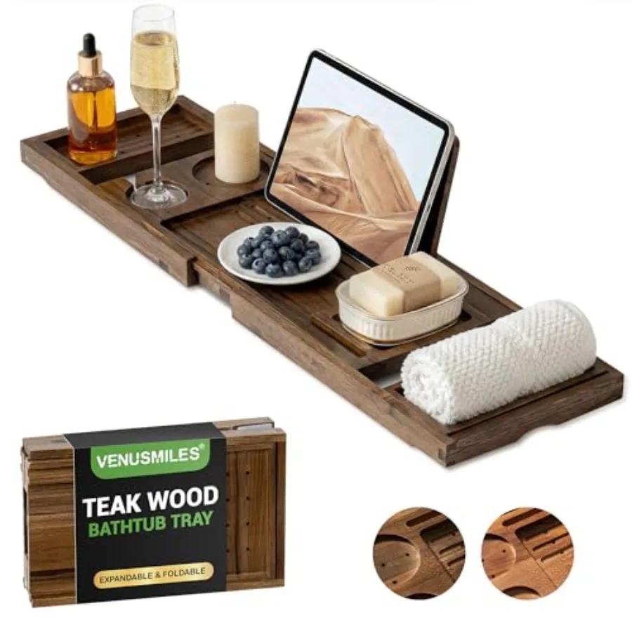 

Teak Bathtub Tray Caddy, Foldable Bath Tray with Expandable Handles, Wine Glass and Phone Holders, Book Stand, for Home Spa Rel