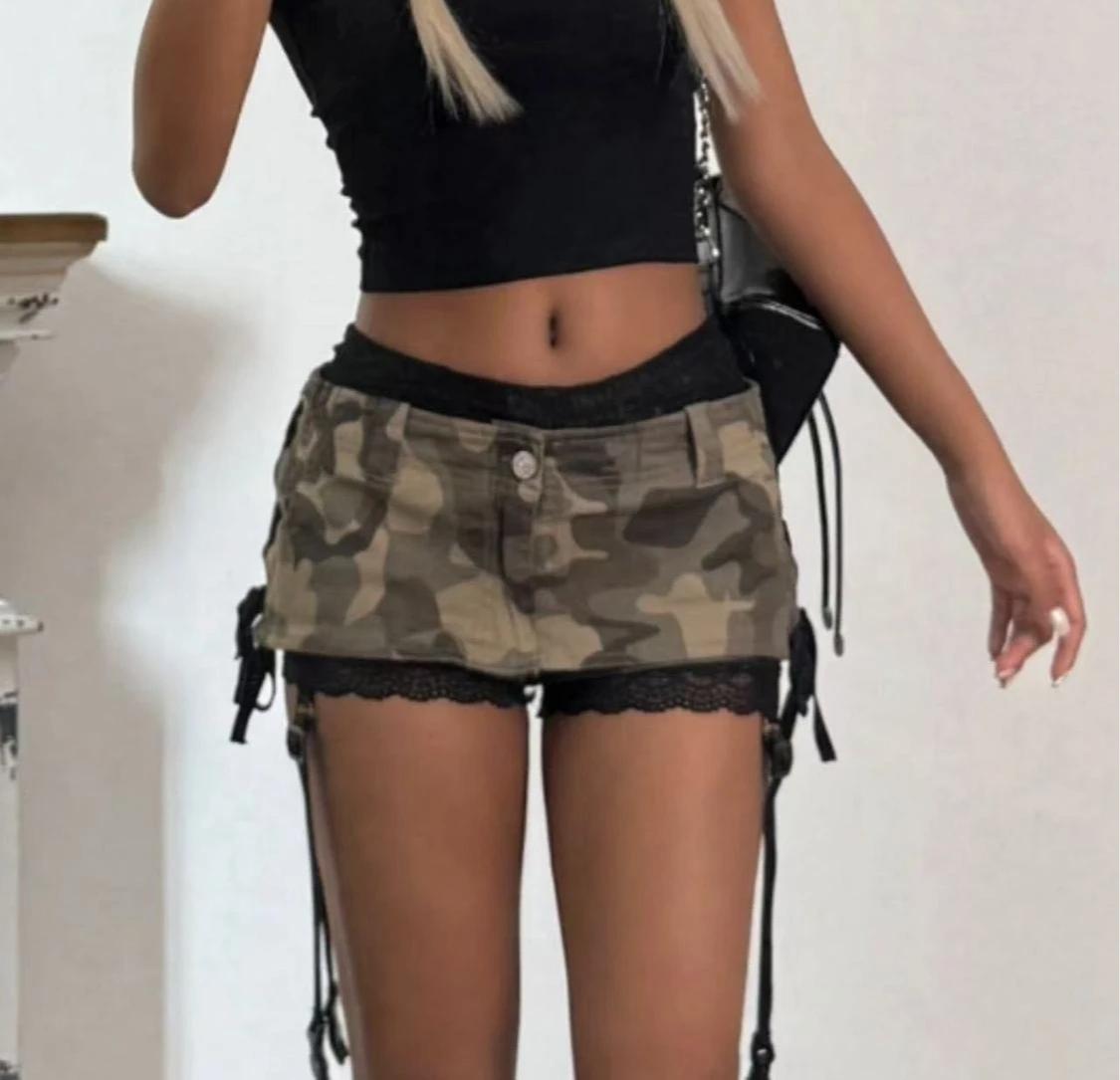 

Американские Ретро Y2k супер шорты юбки с низкой талией на шнуровке джинсовые камуфляжные узкие сексуальные шорты на бедрах юбка
