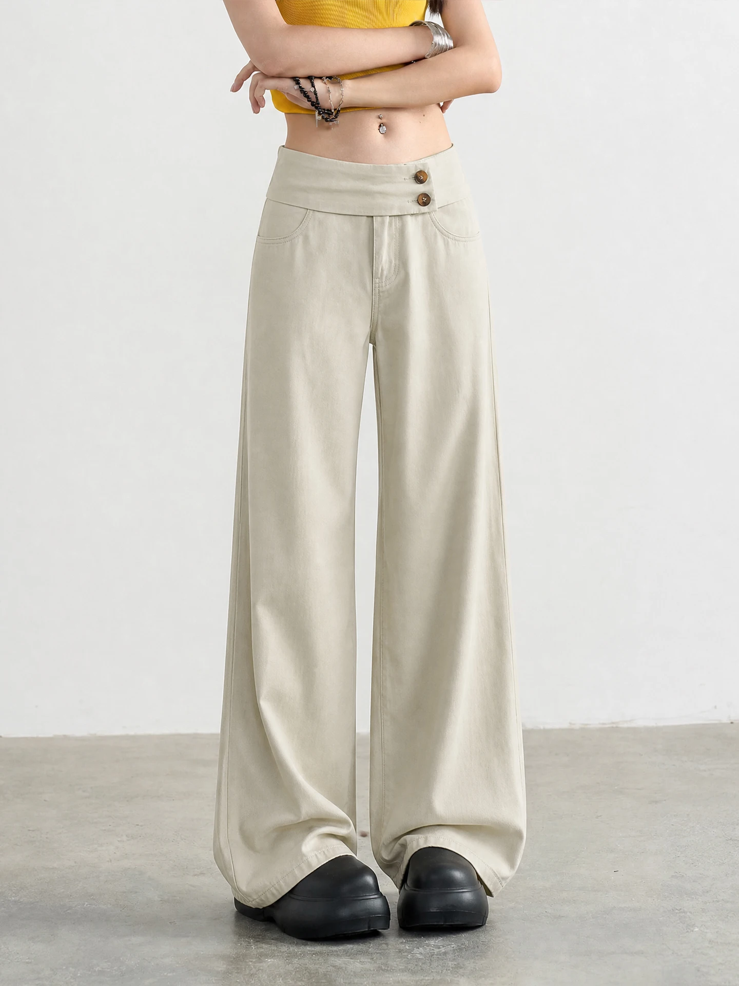Khaki Double Buckle Women's Jeans Loose Lazy Style Casual Pants Cover Hip High Waist Cotton Denim Summer 2026 New Arrival