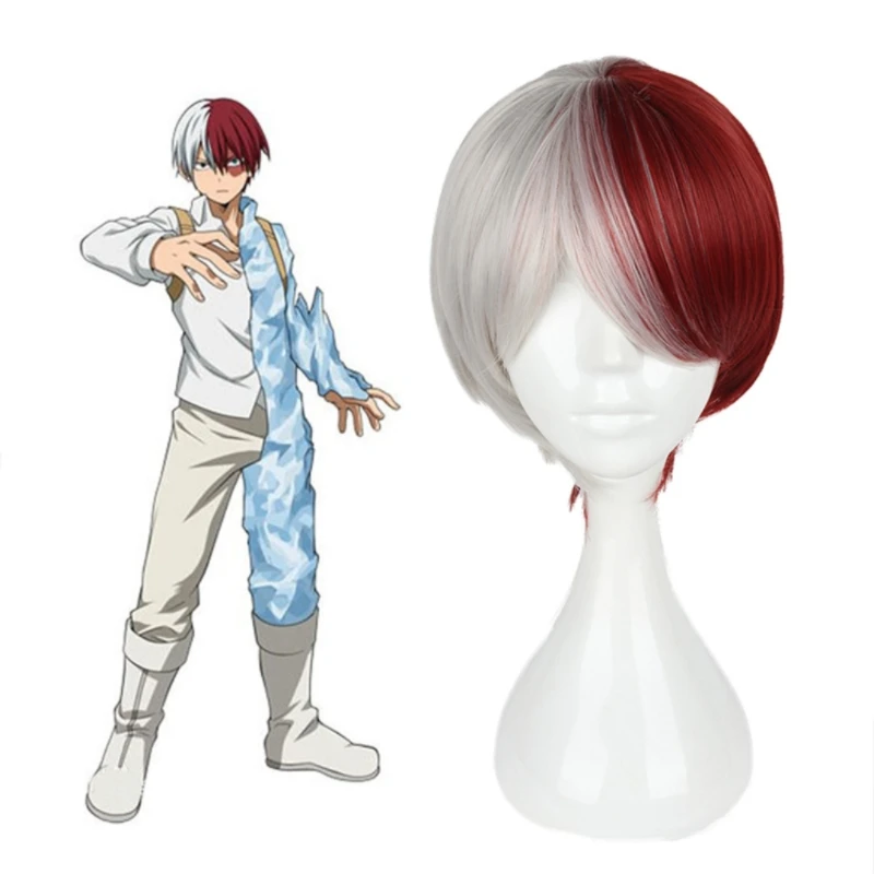 

Парик для косплея My Hero Academia Shoto Todoroki, серебристый, белый и красный, короткий парик, термостойкие синтетические волокна с розовой сеткой