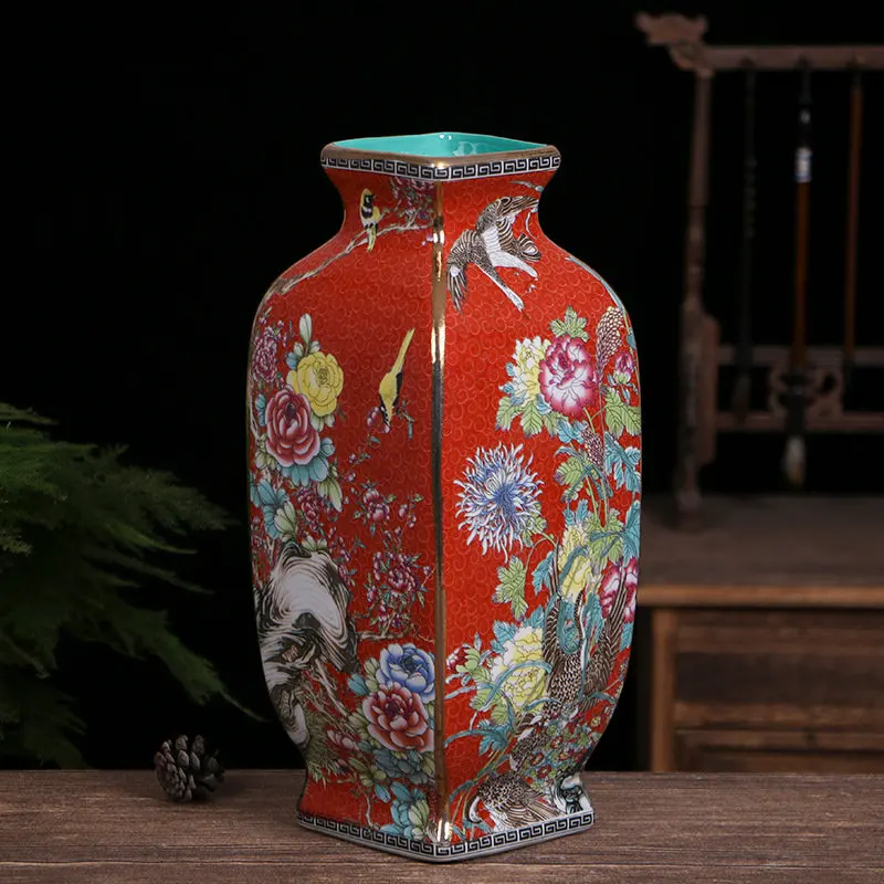 Chinese Court Style Square Flower and Bird Vase Retro Colour Enamel Ceramic Vases Ornaments Living Room Decoration Crafts Jars