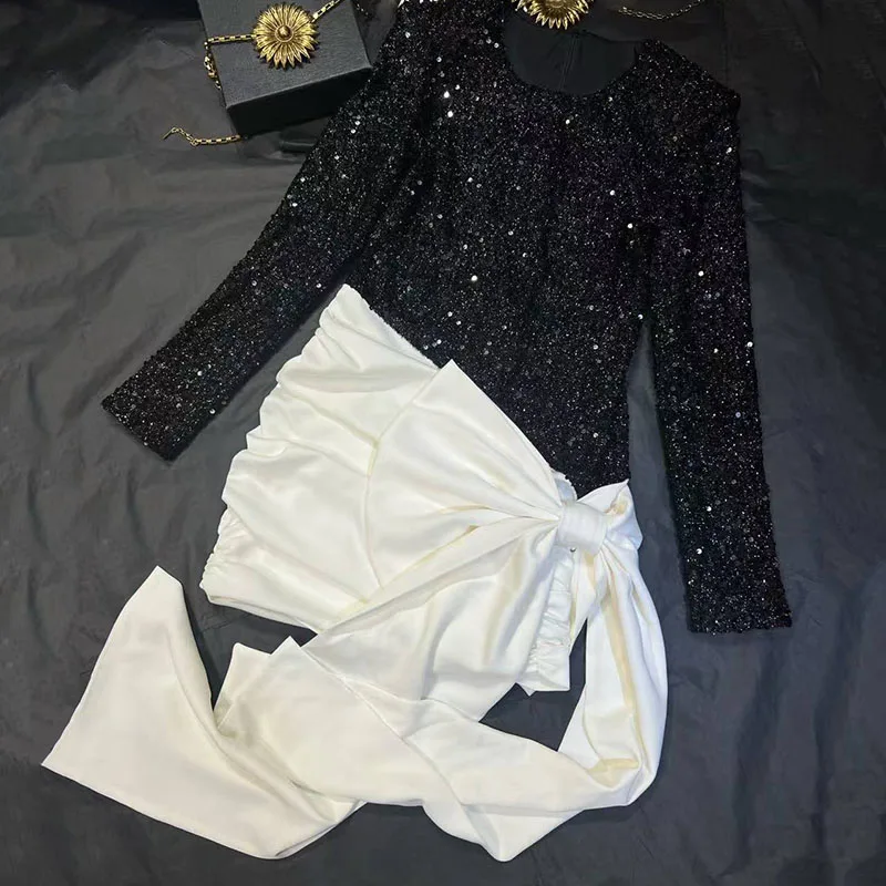 Damen-Patchwork-Kleid mit Pailletten, langärmelig, Rundhalsausschnitt, figurbetonter Rock mit Farbblockierung, hochwertiges Abendkleid, Herbst, Neuankömmling,