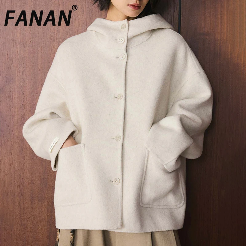 

FANAN Office Lady Thick Warm Woolen Coats For Women Hooded Design Single Breasted Elegant Short Outwear Female Winter New