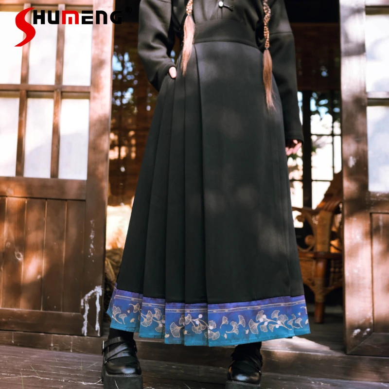 

Chinese Ginkgo Printed Horse Skirts Women's National Style High Waist Improved Hanfu Medium And Long Skirt Cool Clothes Female