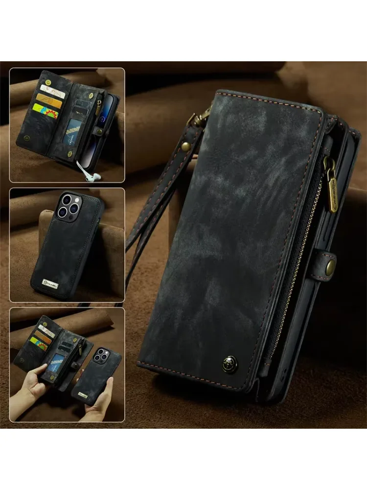 Etui z paskiem na szyję i skórzanym portfelem Caseme do iPhone 18 17 16 15 14 12 13 11 Pro Max Se2020, magnetyczne etui z zamkiem błyskawicznym, pokrowiec na karty, Hoesje — zdjęcie produktu 7