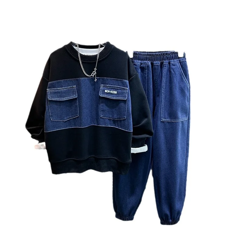 Boys' autumn long sleeve set 2024 new denim splicing casual clothing two-piece Korean version of children's fashion