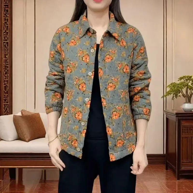 Lightweight Cotton ort Jaet for Women Casual Sle Floral Print Turn-down Collar Spring Autumn Faionable Versatile Momm...