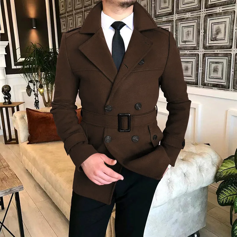 Tweed Man Jacket With Belt Autumn Winter Smart Casual Suit Turn-down Collar Male Slim Fit Double Breasted Blazers 1 Piece