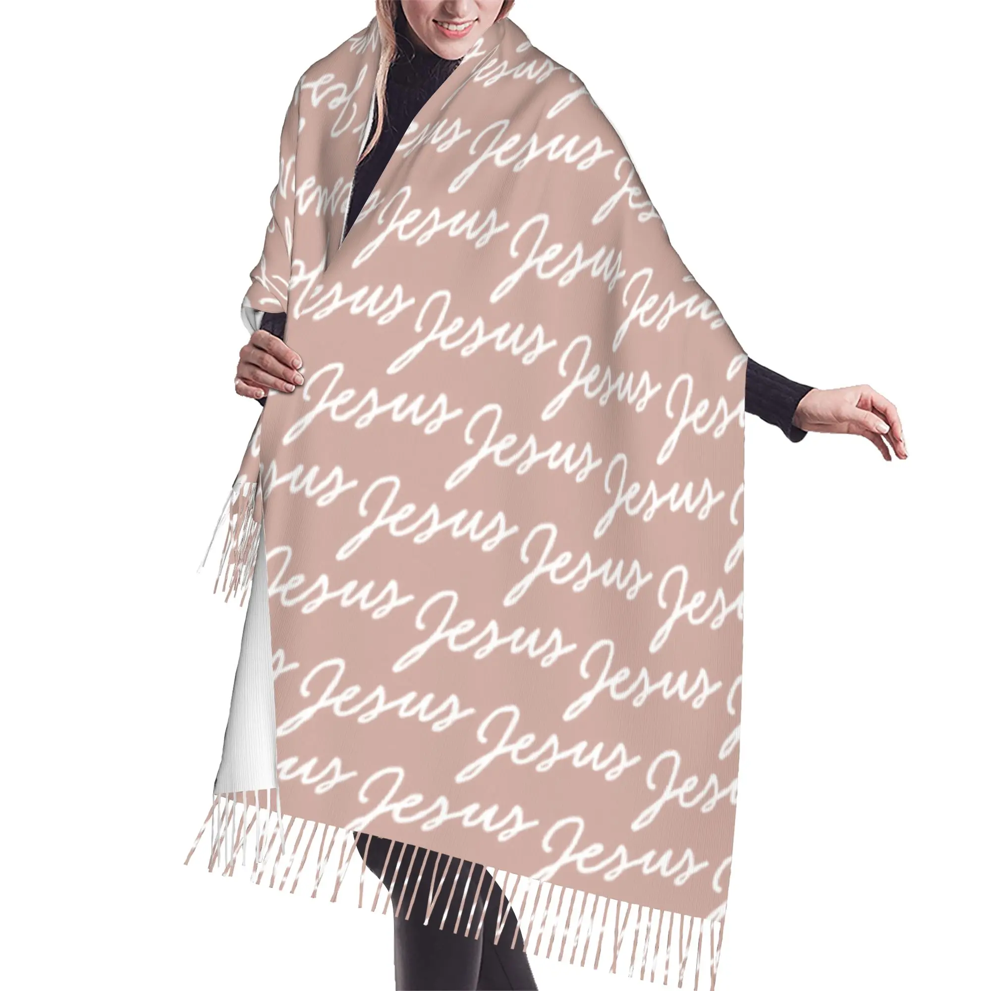 Custom Female Large Jesus Christ Religious Scarves Women Winter Thick Warm Tassel Shawl Wraps  Scarf