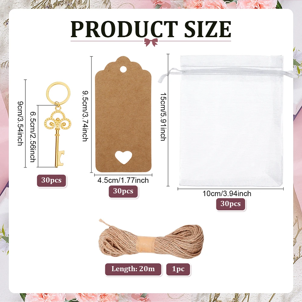 30 Set Keychain Organza Bags Party Favors 4x6 Sheer Bag Key Pendants kraft Tag for Wedding Birthday Anniversary