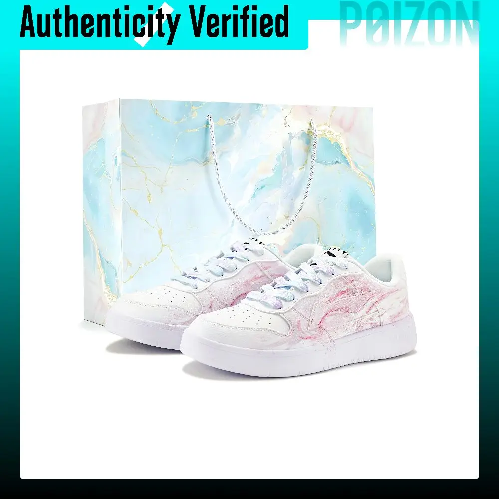Li Ning Floating Boat Pink Blue With Heart Synthetic Leather Cushioning Low top Casual Skate Shoes Unisex AGCS419-1(Team649-L）