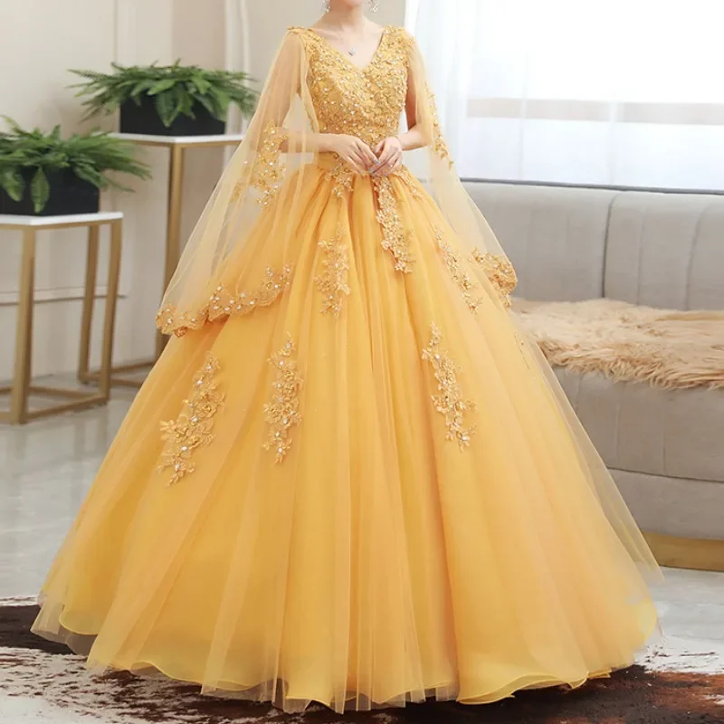 Customized Lace Beading Quinceanera Dresses With Cape Small V Neck Gowns Sleeveless Big Hemline Ball Gown Robe 2024 Vestidos De