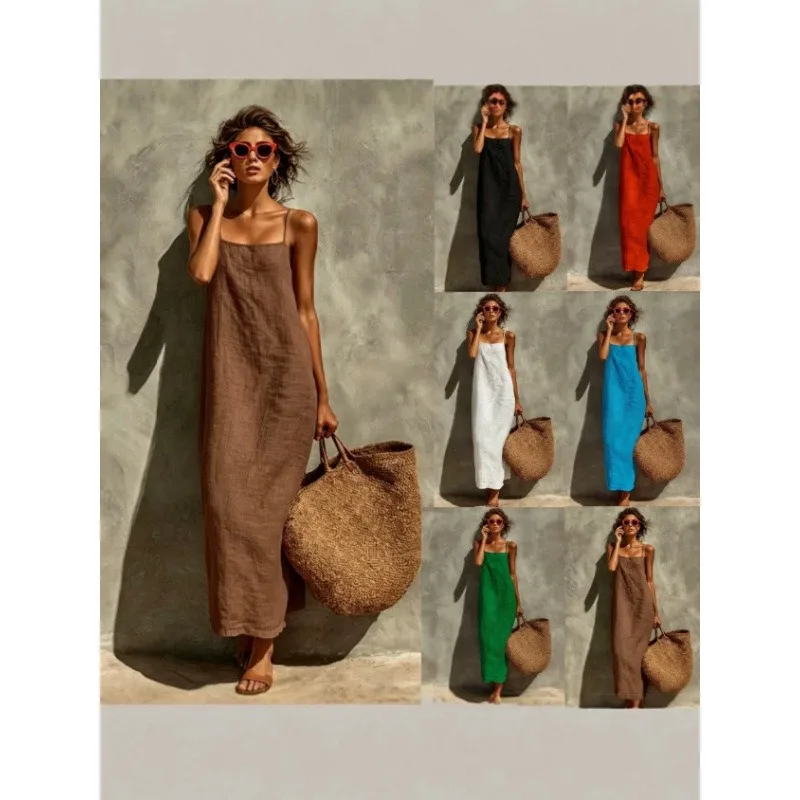 2026 Summer Collection Solid Color Sexy Retro Cotton Nightdress Nightgown Linen Long Women's Dress Spaghetti Straps 3XL Size