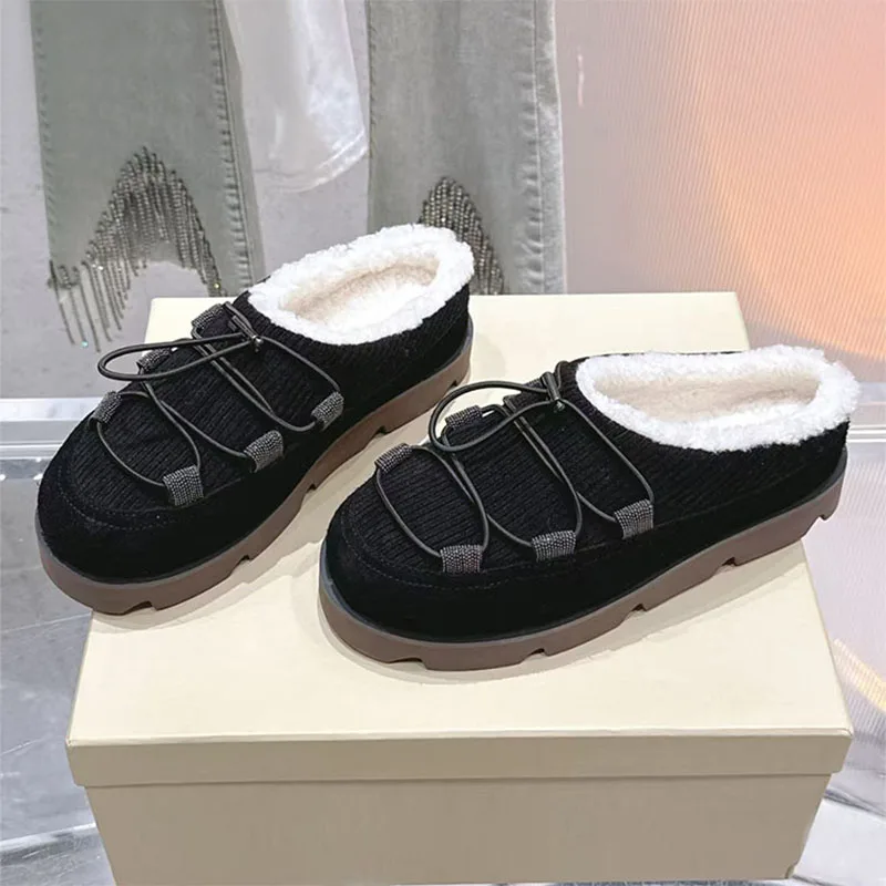 

New Wool Casual Slippers Woman Cow Suede Round Toe Flat Shoes Comfort Walking Shoes Winter Leisure Half Pack Slippers Women