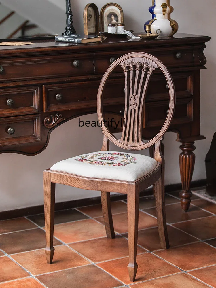 Retro home, ash wood back chair, bedroom dresser, dining chair, solid wood upholstered medieval seat