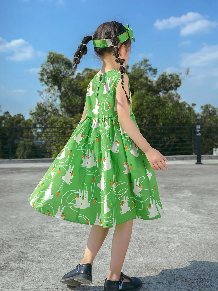 Baby Girls Dresses With Hair Band 2022 Summer Green Sleeveless 100% Cotton Printed Kawaii Children Wear 4yrs 8yrs Clothing 150cm