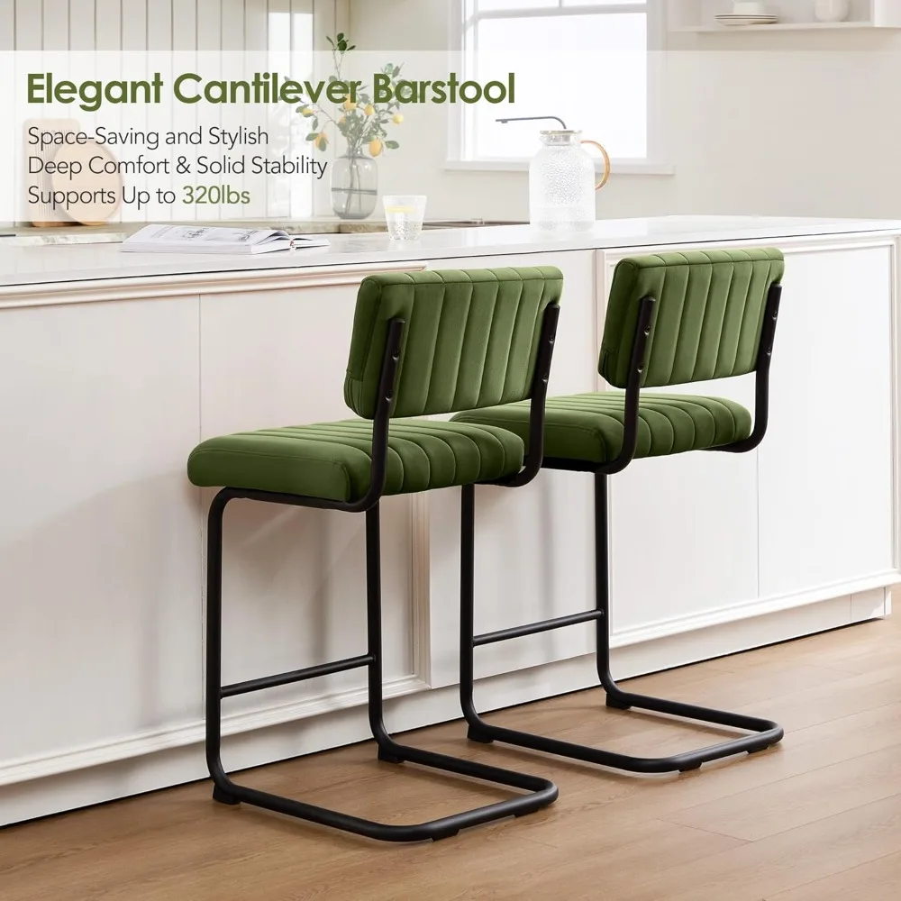 مجموعة مقاعد بار خضراء مقاس 24 بوصة مكونة من 2، كراسي ناتئة حديثة بارتفاع من منتصف القرن لجزيرة المطبخ، منجدة #5