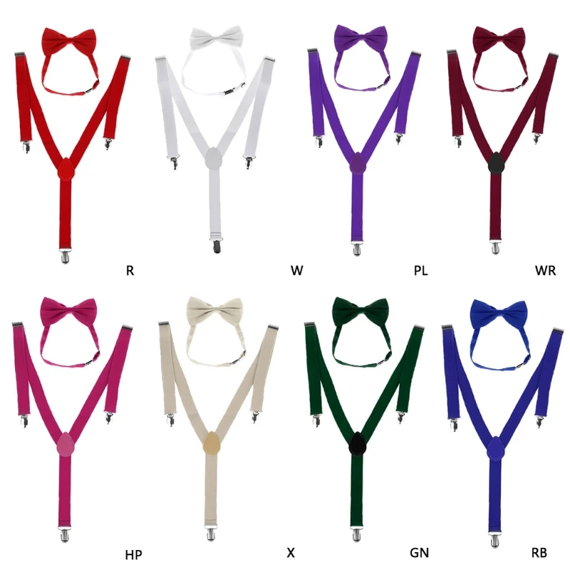 Unisex Adjustable Y-Back Suspenders Bow Tie Set Clip-On Braces Elastic Wedding