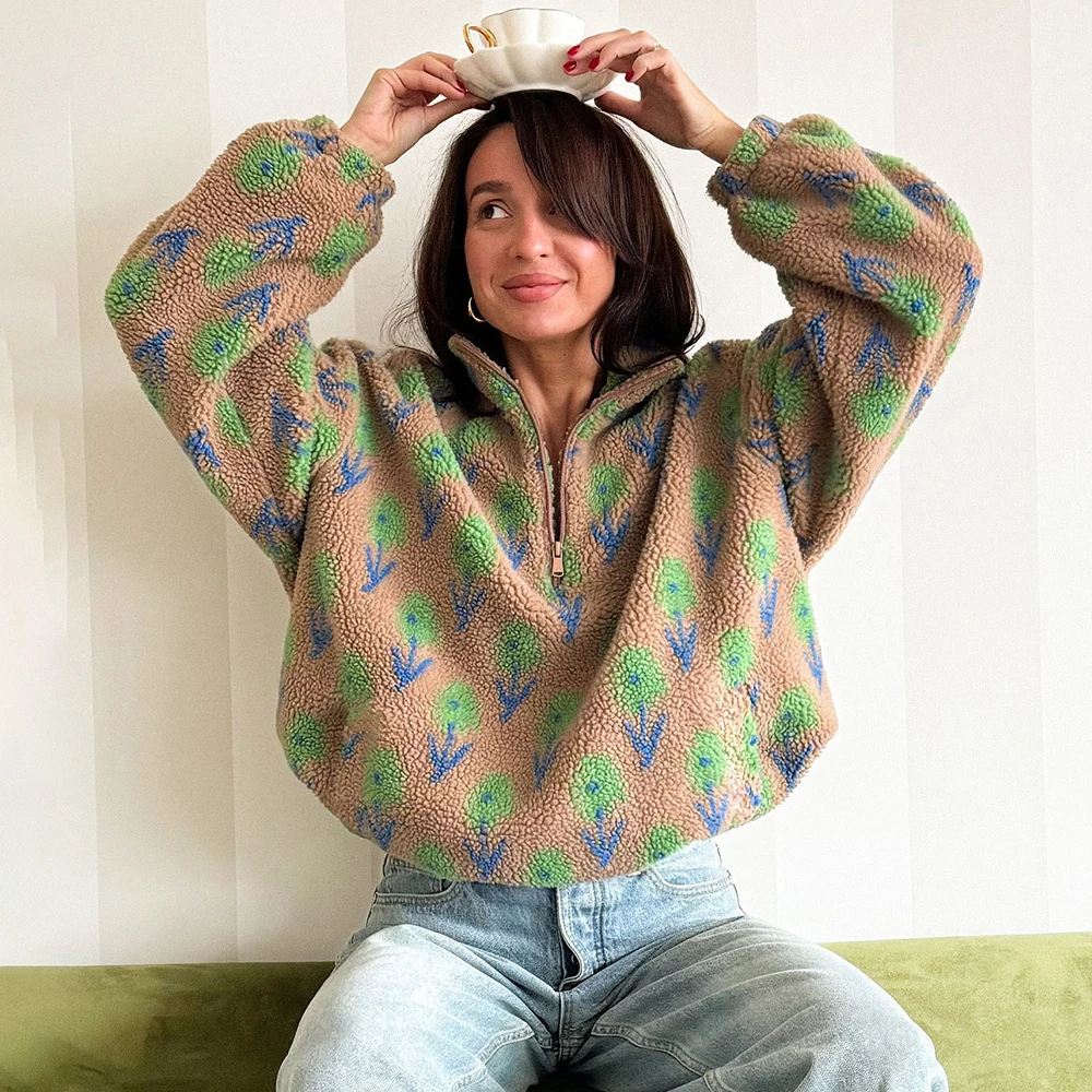 

Talenza Autumn Winter Women Wool Hoodie Fashion Print Oversized Casual High-Neck Fleece Top Commuter Vintage Warm Female Outwear