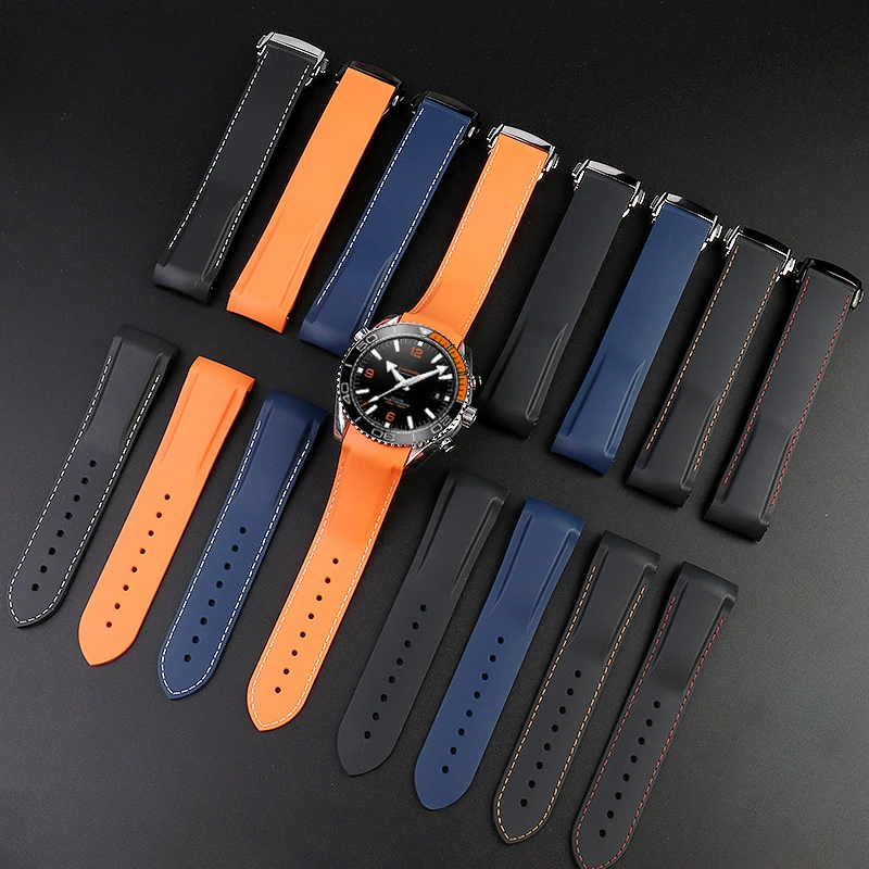 For Omega New Orange Black Seahorse 300 Super Master Double Press Buckle OCEAN Universe 600 Quarter Series Silicone Watch Strap