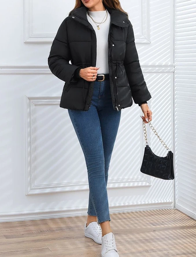 2025 Autumn/Winter Hooded Tight-Sleeved Drawstring Cotton Coat