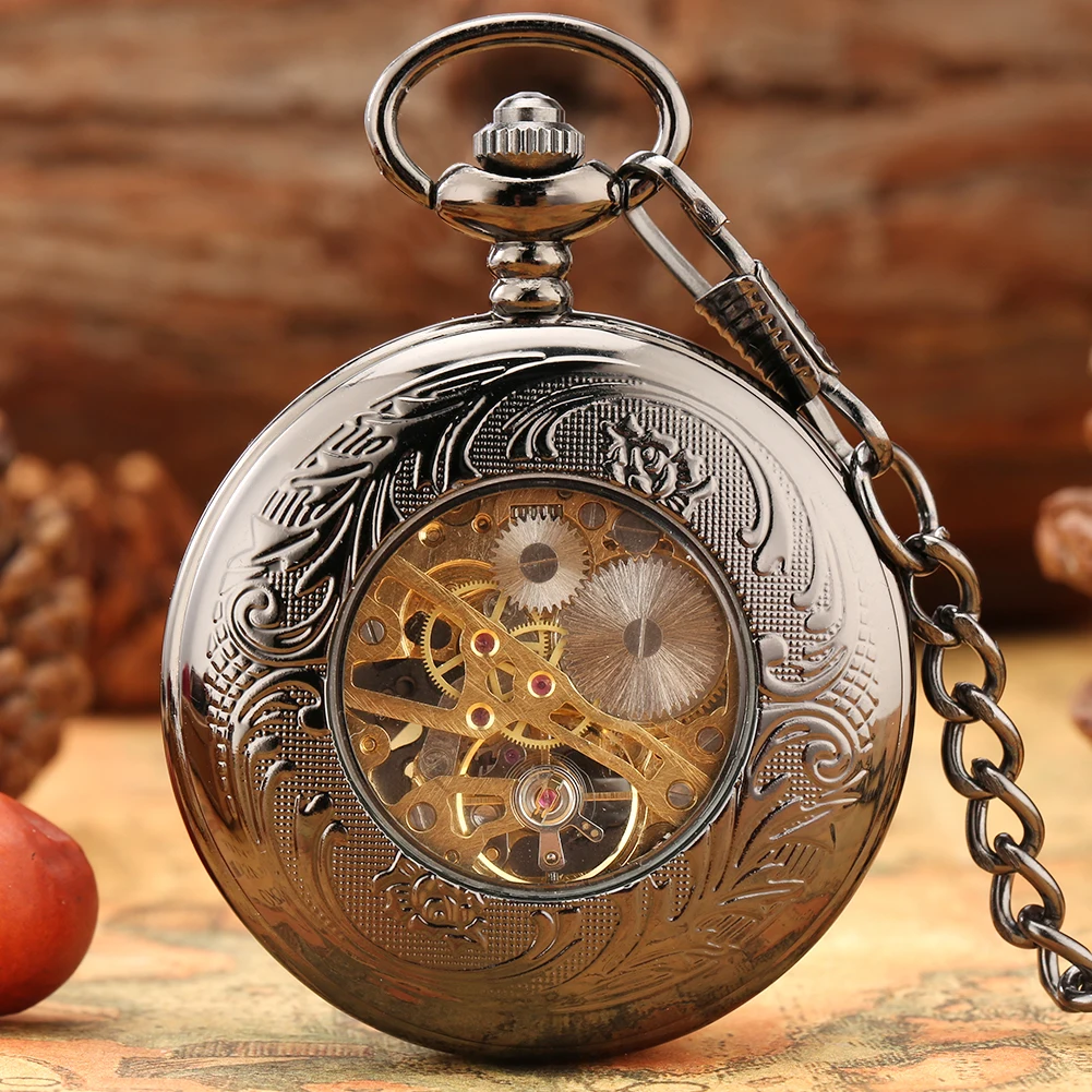 Ретро черные механические карманные часы с ручным заводом, синие римские цифры, циферблат, полый ромб, брелок-цепочка, кулон, карманные часы, подарок для мужчин