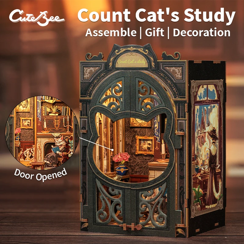 CUTEBEE DIY Book Nook Kit Wooden Dollhouse with Furniture Light Bookshelf Insert Decor for Birthday Gift Count Cat's Study