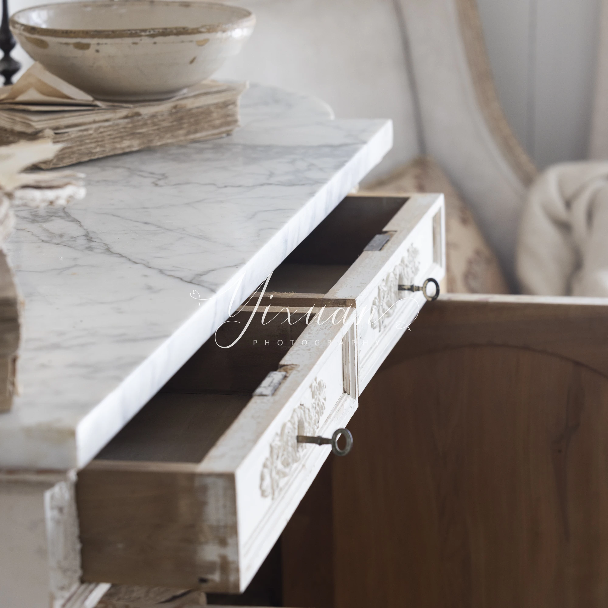 French retro solid wood old carved side cabinet