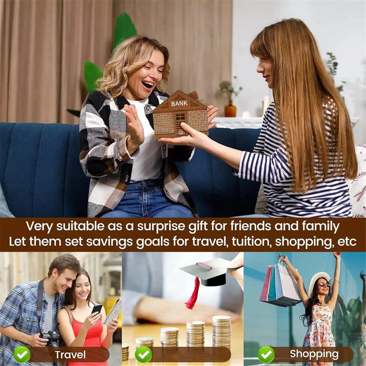 X55A-Wooden Piggy Bank للأطفال البالغين، صندوق نقود مع عداد، قصدير توفير المال، أموال قابلة لإعادة الاستخدام